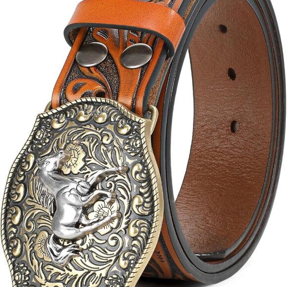 Western Leather Buckle Belt for Men Women Cowboy Cowgirl Mens Leather Belt for J